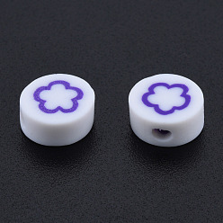 Blue Violet Handmade Polymer Clay Beads, Flat Round with Flower, Blue Violet, 9~9.5x4~5mm, Hole: 1.6mm