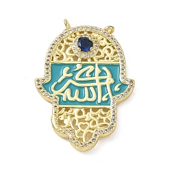 Turquoise Brass Micro Pave Clear Cubic Zirconia Pendants, Hamsa Hand Charm, with Enamel, Golden, Turquoise, 34.5x25x4.5mm, Hole: 1.5mm