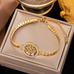 Golden Rhinestone Tree of Life Link Bracelets with Curb Chains, Titanium Steel Bracelet, Golden, 6-1/4 inch(16cm)