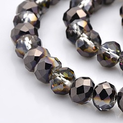 Black Plated Half Plated Faceted Rondelle Glass Beads Strands, Black Plated, 8x6mm, Hole: 1mm, about 65pcs/strand, 16 inch