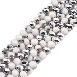 WhiteSmoke Electroplate Opaque Glass Beads Strands, Half Silver Plated, Faceted, Rondelle, WhiteSmoke, 4x3mm, Hole: 0.4mm, about 123~127pcs/strand, 16.5~16.9 inch(42~43cm)