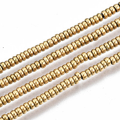 Real 18K Gold Plated Electroplate Non-magnetic Synthetic Hematite Beads Strands, Flat Round, Real 18K Gold Plated, 2x1mm, Hole: 0.5mm, about 354~361pcs/strand, 15.75 inch~15.94 inch(40cm~40.5cm)