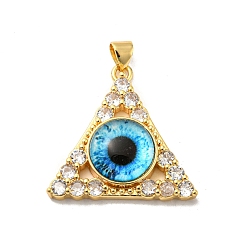 Deep Sky Blue Real 18K Gold Plated Brass Pendants, with Glass and Acrylic, Triangle With Evil Eye Charms, Deep Sky Blue, 27x28x7mm, Hole: 4x3.5mm