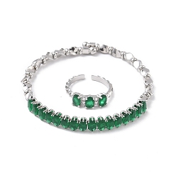 Морско-зеленый Овальные латунные браслеты-манжеты и кольца с микропаве из кубического циркония для женщин, стойки покрытие, платина, цвета морской волны, браслет: 7ширина мм, внутренний диаметр: 59.5x55 мм