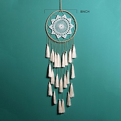 Floral White Iron Bohemian Woven Web/Net with Feather Pendant Decorations, with Tassel for Home Bedroom Hanging Decorations, Floral White, 830x200mm