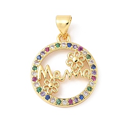 Золотой Латунные микро проложить кубического циркония подвески, кольцо с цветком и словом мама, день матери, красочный, золотые, 20x17x2.5 мм, отверстие : 3.5x4.5 мм