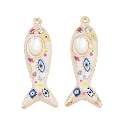Golden Printed Alloy Enamel Pendants, Fish with Evil Eye Pattern Charms, with Rhinestone and Resin Imitation Cat Eye, Cadmium Free & Nickel Free & Lead Free, Rack Plating, Golden, 43.5x16.5x6.5mm, Hole: 1.6mm