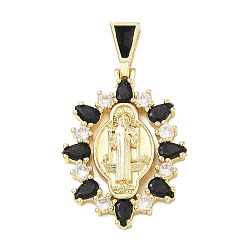Black Religion Brass Pave Cubic Zirconia Pendants, with Enamel, Oval with Saint Benedict Charms, Lead Free & Cadmium Free, Long-Lasting Plated, Rack Plating, Real 18K Gold Plated, Black, 36mm, Pendant: 29x20x4mm, Hole: 5.5x3mm