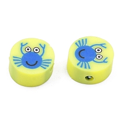 Yellow Handmade Polymer Clay Beads, Flat Round with Crab Pattern, Yellow, 9x4.5mm, Hole: 1.6mm