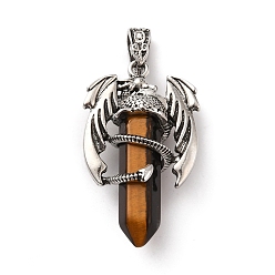 Tiger Eye Natural Tiger Eye Pointed Pendants, Faceted Bullet Charms, with Rack Plating Platinum Tone Alloy Dragon Findings, Cadmium Free & Lead Free, 39~41x24~25x13~14mm, Hole: 4x8mm