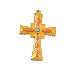 Crystal 304 Stainless Steel with Orange Enamel Pendants, with Rhinestone, Cross Charms, Ion Plating(IP), Golden, Crystal, 35.5x24.5x2.5mm, Hole: 1.4mm