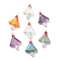 Mixed Color Electroplate Transparent Glass Beaded Pendents, with Silver Brass Findings, Triangle Charms, Mixed Color, 25x16x5mm, Hole: 2mm