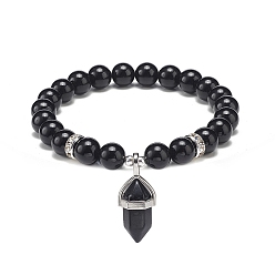 Obsidian Natural Obsidian Round Beaded Stretch Bracelet with Bullet Charms, Gemstone Yoga Jewelry for Women, Inner Diameter: 2~2-1/8 inch(5.1~5.3cm)