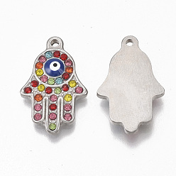 Stainless Steel Color 304 Stainless Steel Pendants, with Colorful Rhinestone and Enamel, Hamsa Hand/Hand of Fatima/Hand of Miriam with Evil Eye, Stainless Steel Color, 24x15x3.5mm, Hole: 1.6mm