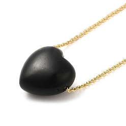 Obsidian Natural Obsidian Heart Pendant Necklace with Golden Alloy Cable Chains, 23.82 inch(60.5cm)