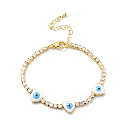White Heart with Evil Eye Enamel Link Bracelet with Clear Cubic Zirconia Tennis Chains, Gold Plated Brass Jewelry for Women, Cadmium Free & Lead Free, White, 7-1/8 inch(18cm)