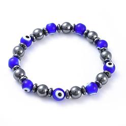 Blue Handmade Evil Eye Lampwork Beads Stretch Bracelets, with Non-Magnetic Synthetic Hematite Beads, Round, Blue, 2-1/4 inch(5.8cm)