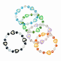 Mixed Color Heart with Flower Glass Beaded Stretch Bracelet, Mixed Color, Inner Diameter: 1-3/4 inch(4.4cm)