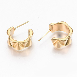 Real 18K Gold Plated Brass Half Hoop Earrings, Stud Earrings, Nickel Free, Semicircular, Real 18K Gold Plated, 21.5x18.5x8.5mm, Pin: 0.7mm