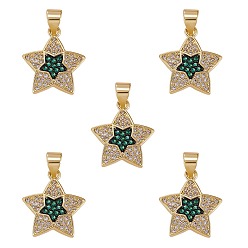 Зеленый Латунные микро проложить кубического циркония подвески, реальный 18 k позолоченный, звезда, зелёные, 17x15x3 мм, отверстие : 4x3 мм, 5 шт / коробка