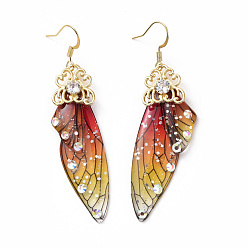 Gold Resin Butterfly Wing Dangle Earrings with Clear Cubic Zirconia, Real 18K Gold Plated Brass Jewelry for Women, Cadmium Free & Lead Free, Gold, 70mm, Pin: 0.7mm