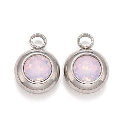 Розовая Вода Опал Ионное покрытие (ip) 304 подвески из нержавеющей стали, со стразами k9, платина, плоско-круглые, розовая вода опала, 14x10x6 мм, отверстие : 2.5 мм
