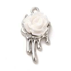Platinum Opaque Resin Pendants, White Rose Charms, with Alloy Findings, Platinum, 24.5x13x8.5mm, Hole: 1.6mm