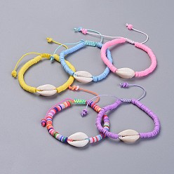 Mixed Color Eco-Friendly Handmade Polymer Clay Heishi Beads Kids Braided Bracelets, with Cowrie Shell Beads and Nylon Cord, Mixed Color, 1-7/8 inch~2-7/8 inch(4.7~7.3cm)