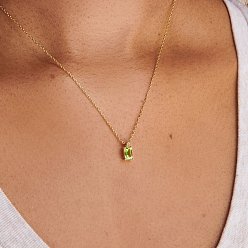 Green Yellow Birthstone Style Cubic Zirconia Rectangle Pendant Necklaces, Golden Titanium Steel Necklace, Green Yellow, 15.75 inch(40cm)