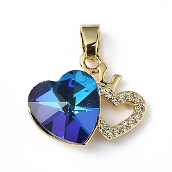 Medium Blue Real 18K Gold Plated Rack Plating Brass Micro Pave Clear Cubic Zirconia Pendants, with Glass, Long-Lasting Plated, Cadmium Free & Lead Free, Heart Charm, Medium Blue, 16x19.5x8mm, Hole: 5x3.2mm