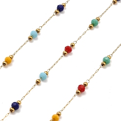 Colorful Rondelle Glass Beaded Link Chains, with Golden 304 Stainless Steel Paperclip Chains, Soldered, with Spool, Colorful, 3x2.5mm, 2mm, about 32.81 Feet(10m)/Roll