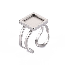 Stainless Steel Color 201 Stainless Steel Cuff Pad Ring Settings, Laser Cut, Square, Stainless Steel Color, Tray: 10x10mm, US Size 7 1/4(17.5)~US Size 8(18mm)
