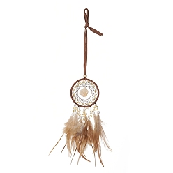 Citrine Iron Natural Citrine
 Woven Web/Net with Feather Pendant Decorations, with Wood Beads, Covered with Cotton Lace and Villus Cord, Flat Round, 490~550x81~82x5~20mm