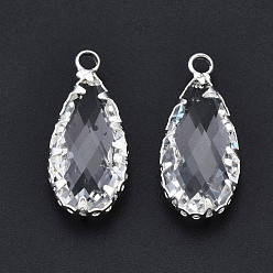 Silver Brass Glass Pendants, Faceted, Drop, Clear, Real Gold Plated, Silver, 24x10.5x5mm, Hole: 2mm