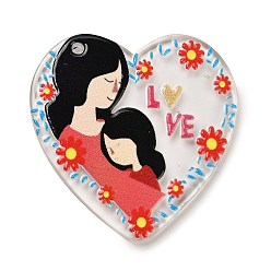Red Mother's Day Printed Transparent Acrylic Pendants, Heart with Human, Red, 38x36.5x2.5mm, Hole: 1.8mm