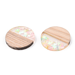 Clear Transparent Resin & White Wood Pendants, Flat Round Charms with Paillettes, Clear, 28.5x3.5mm, Hole: 2mm