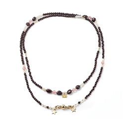 Golden 2Pcs 2 Style Natural Garnet & Cherry Quartz Glass Beaded Necklaces Set with 304 Stainless Steel Star & Lotus Charms, Gemstone Necklace with Brass Magnetic Clasps for Women, Golden, 46.65 inch(118.5cm), 1Pc/style