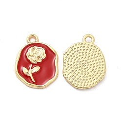 Red Alloy Enamel Pendants, Golden, Oval with Rose Charm, Red, 17.5x13.5x2mm, Hole: 1.6mm