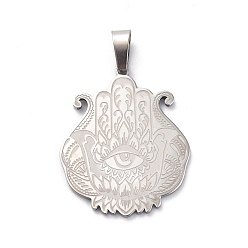Stainless Steel Color 304 Stainless Steel Pendants, Hamsa Hand/Hand of Miriam with Eye Charm, Stainless Steel Color, 31x26x1mm, Hole: 7x4mm