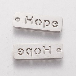Stainless Steel Color 304 Stainless Steel Pendants, Inspirational Message Pendants, Rectangle with Word Hope, Stainless Steel Color, 17x6x1mm, Hole: 1.5mm