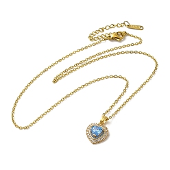 Golden Brass Rhinestone and Glass Pendant Necklaes, Stainless Steel Necklaces, Heart, Golden, 15.98 inch(40.6cm)