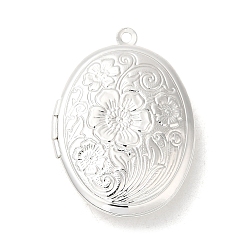 Silver Rack Plating Brass Locket Pendants, Photo Frame Charms for Necklaces, Long-Lasting Plated, Oval with Flower Charm, Silver, 33x24x7mm, Hole: 1.6mm, Inner Diameter: 23.5x17.5mm