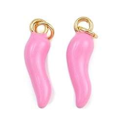 Pink Латунь эмаль подвески, рог изобилия / итальянский рог корничелло амулеты, с прыжковых колец, золотые, стойки покрытие, без кадмия и без свинца, долговечный, розовые, 20.5x6x5 мм, отверстие : 3.4 мм