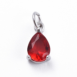 Red Brass Micro Pave Cubic Zirconia Pendants, with Jump Ring, Teardrop, Platinum, Red, 11.5x6.5x4mm, Hole: 3mm