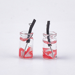 Light Coral Glass Bottle Pendants, with Resin, Plastic and Iron Findings, Fruit Tea Charms, Platinum, Light Coral, 25~28x10mm, Hole: 1.8mm