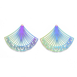 Rainbow Color Ion Plating(IP) 304 Stainless Steel Filigree Pendants, Etched Metal Embellishments, Fan, Rainbow Color, 42x50x0.3mm, Hole: 1.2mm
