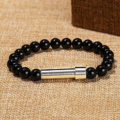 Black Agate Natural Black Agate Round Beads Stretch Bracelets, Titanium Tube Link Bracelets for Women, 11-3/8 inch(29cm), 8mm