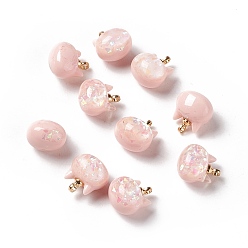 Pink Sparkle Opaque Resin Charms, with Golden Tone Brass Findings, Pearlized, Cat Head, Pink, 11.5x10.5x8mm, Hole: 1.5mm