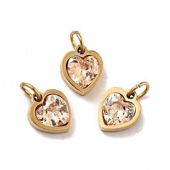 PeachPuff Vacuum Plating 304 Stainless Steel Pendants, with Cubic Zirconia and Jump Rings, Single Stone Charms, Heart, Golden, PeachPuff, 9x8x3mm, Hole: 3.6mm