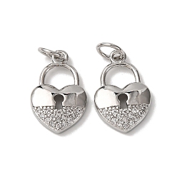 Платина Латунные микропаве прозрачные подвески с фианитом, замок в форме сердца, с целью перехода в кольце, стойки покрытие, долговечный, без свинца и без кадмия, платина, 16x10x2.5 мм, отверстие : 3.5 мм